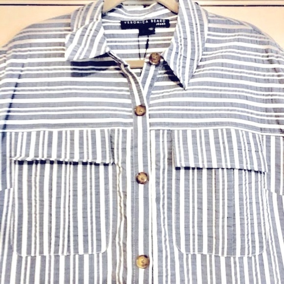 NWT VERONICA BEARD Cris Blue & White Striped Mini Shirt Dress L MSRP $378 - Picture 5 of 8